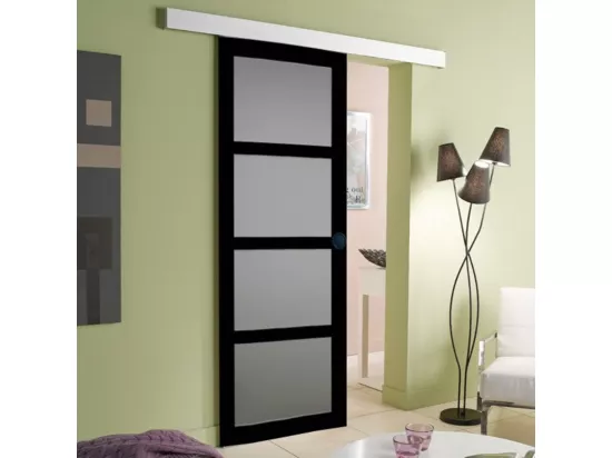 Porte Coulissante Telia Noir Vitrée H204 X L83 + Rail Alu Bandeau Blanc Et 2 Coquilles Noir Gd Menuiseries