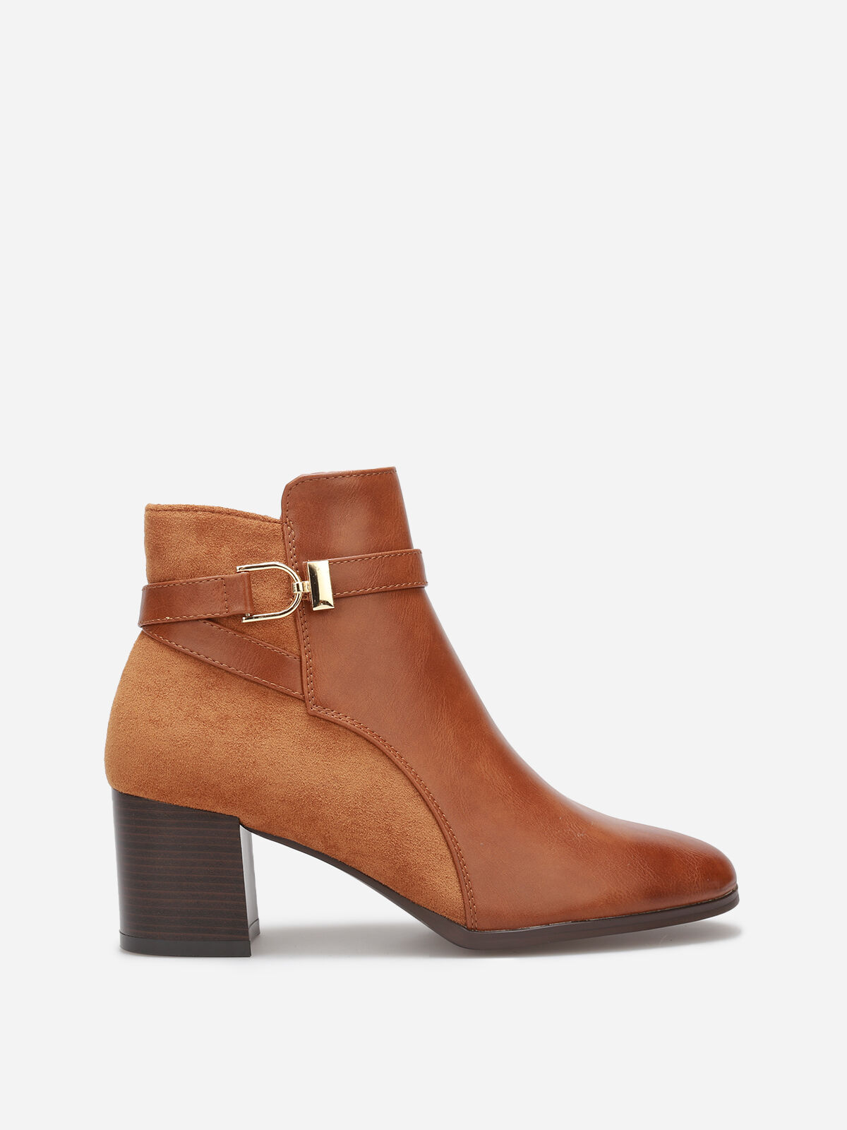Bottines bi-matière avec boucle dorée- Camel