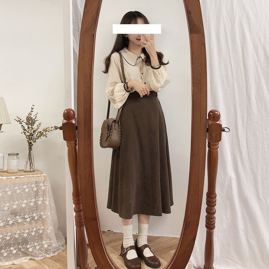 Tangihouse - V-hals gebreid vest / babydoll blouse met lange mouwen / effen midi-rok (diverse ontwerpen)