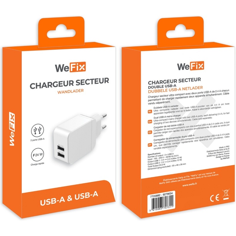 Chargeur pour téléphone mobile Wefix Chargeur secteur double USB-A 2.4A Blanc