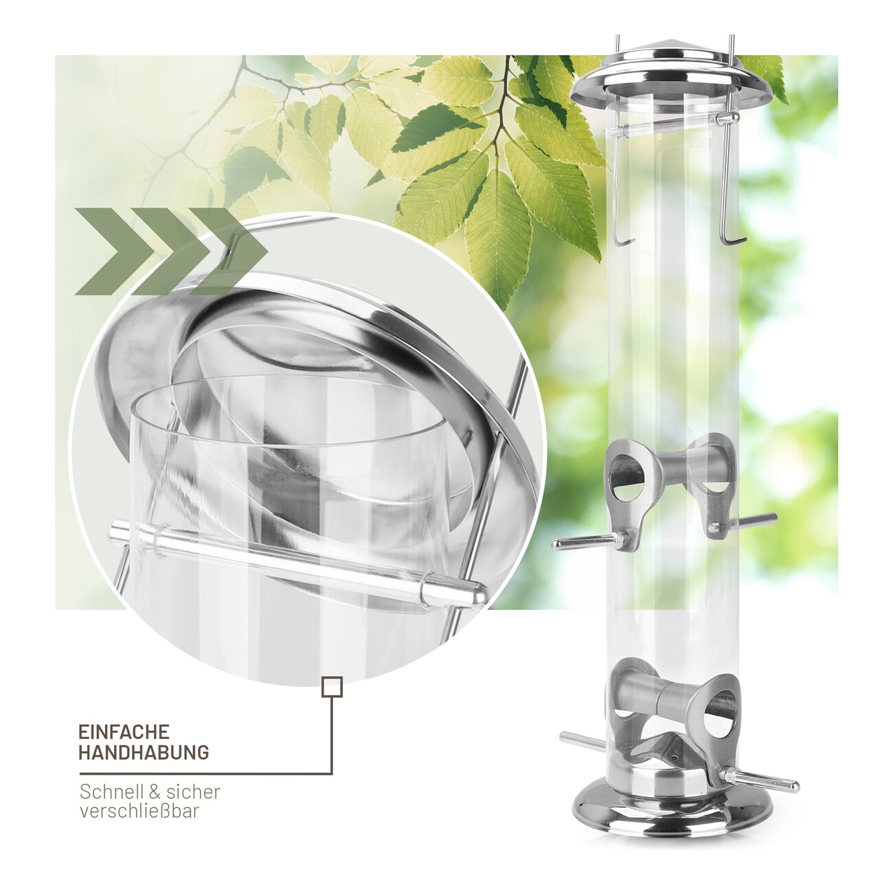 wildtier liebe Futtersäule für Samen, Körner & Kerne 38cm, Silber