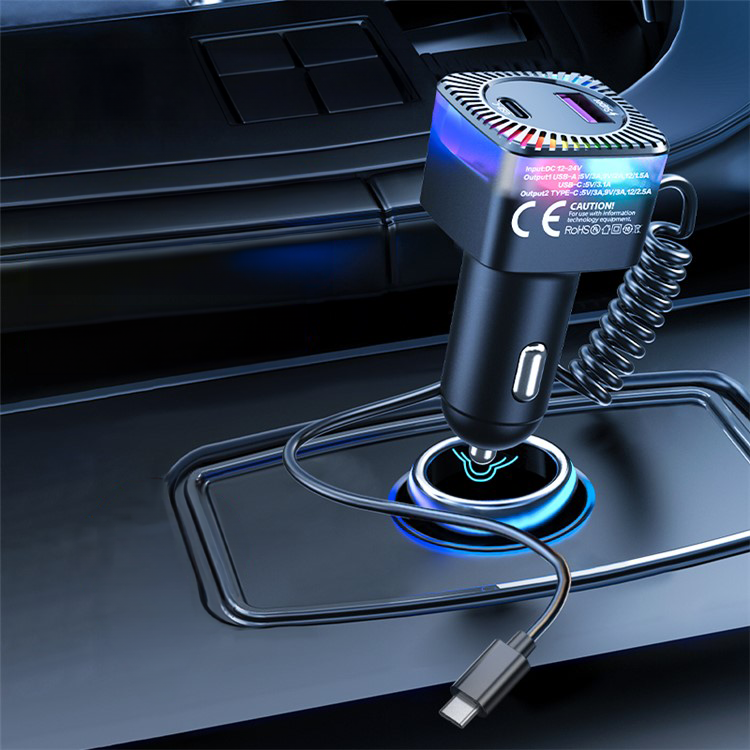 (1.2m / 30W) 3in1 USB C / USB A Spiral Auto KFZ Ladegerät PD mit LED Beleuchtung - Schwarz