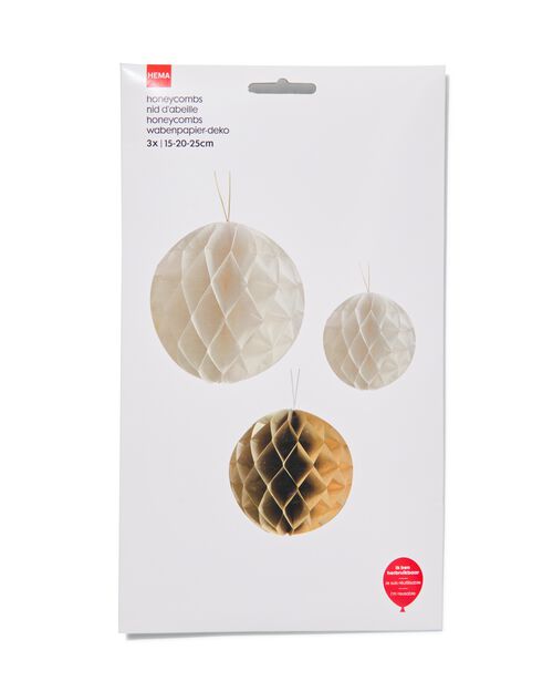3 décorations en papier alvéolé ballon blanc doré