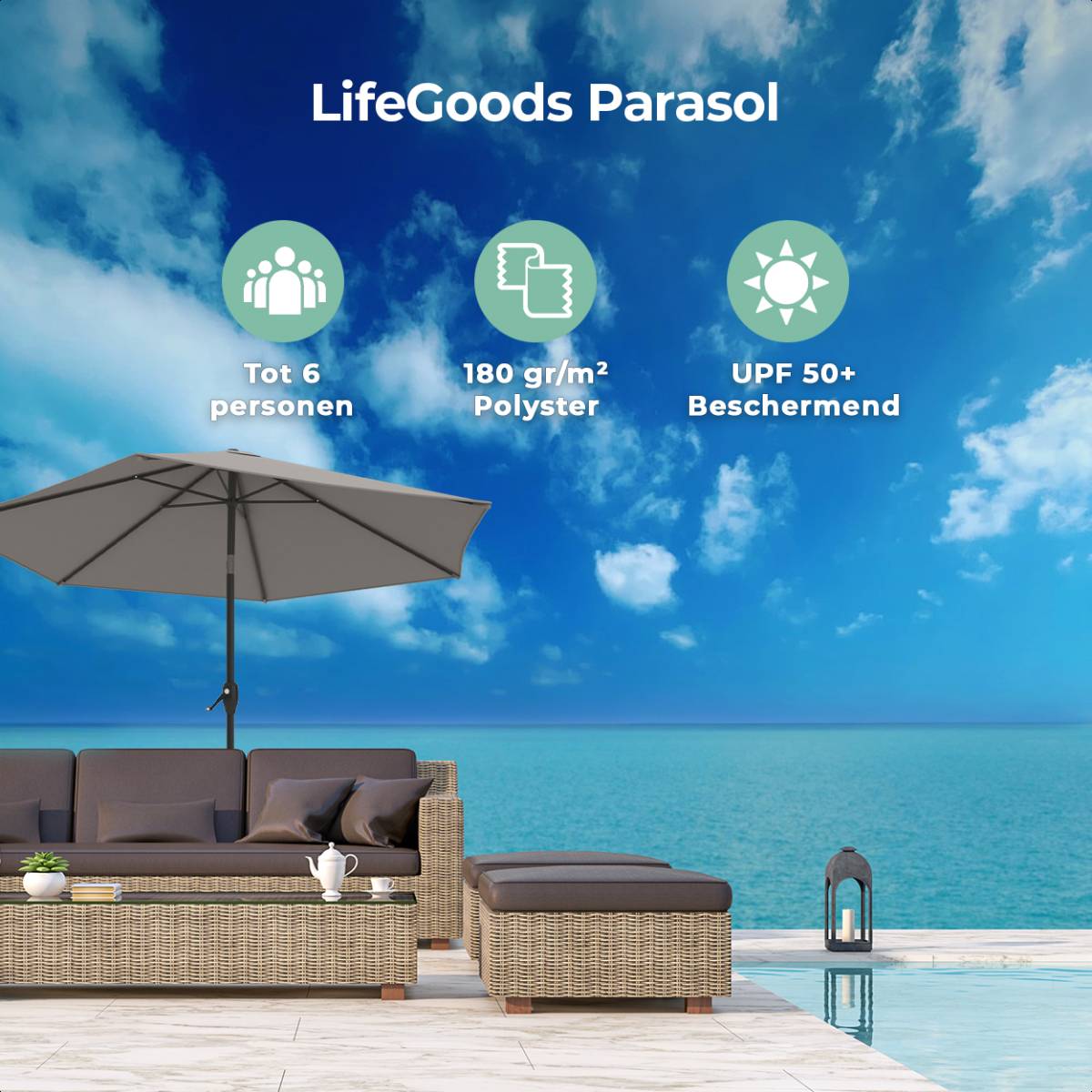 LifeGoods 270 cm parasol met hoes - Taupe
