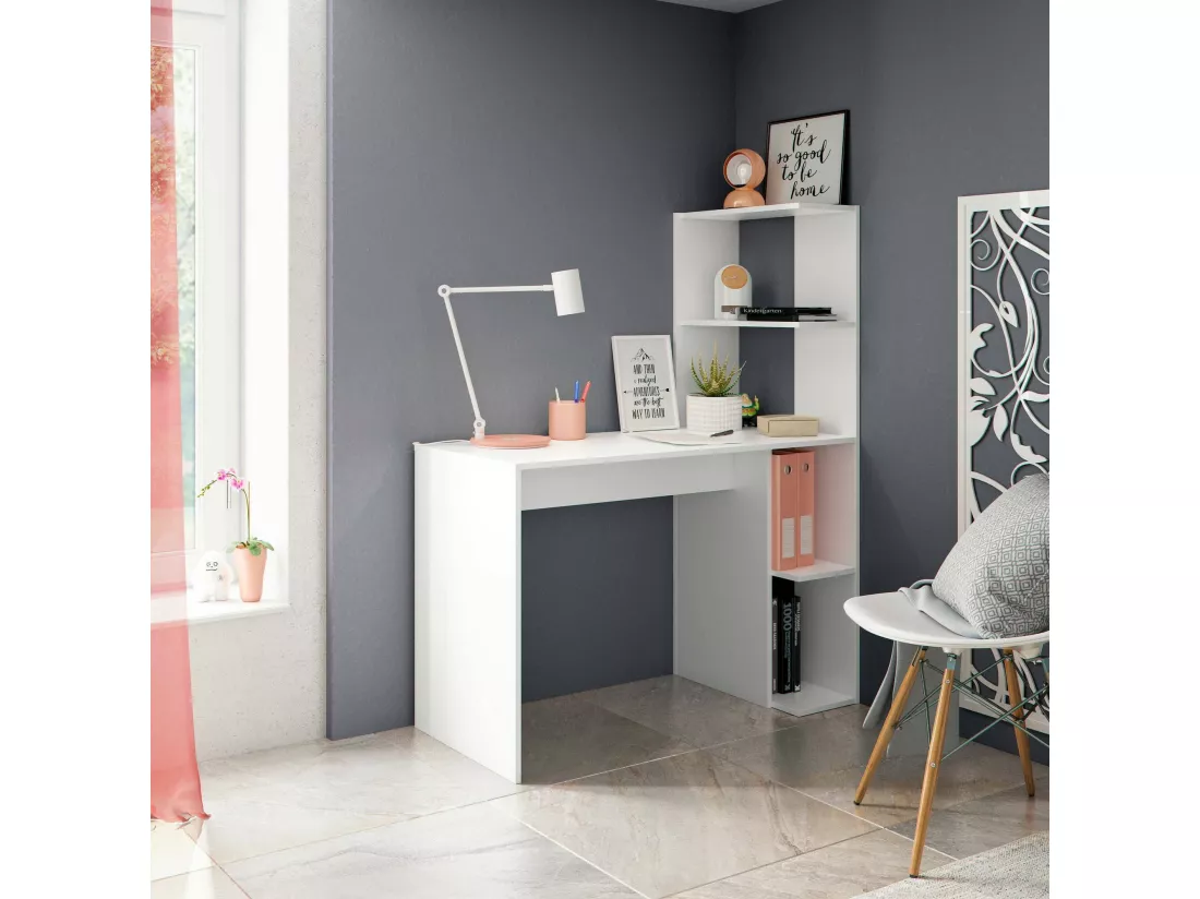 Bureau Dlup, Bureau linéaire avec bibliothèque, Table de bureau polyvalente peu encombrante, 110x50h136 cm, Blanc