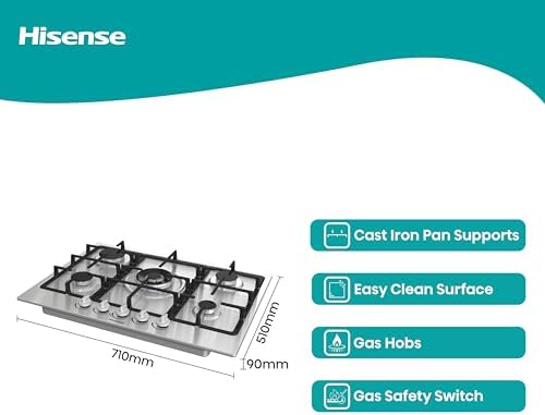 Hisense GM663XB Plaque de cuisson à gaz, 4 zones de cuisson, largeur 60 cm, brûleur wok double couronne et grilles en fonte, allumage intégré, anti empreintes digitales en acier inoxydable : Gros électroménager
