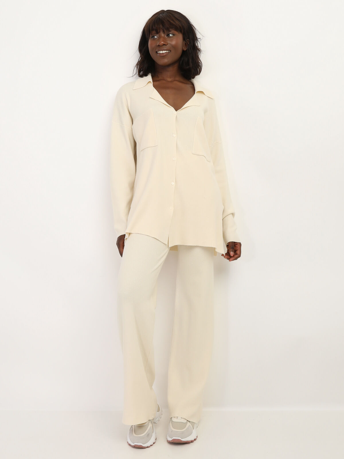 Ensemble pantalon et cardigan en maille- Beige