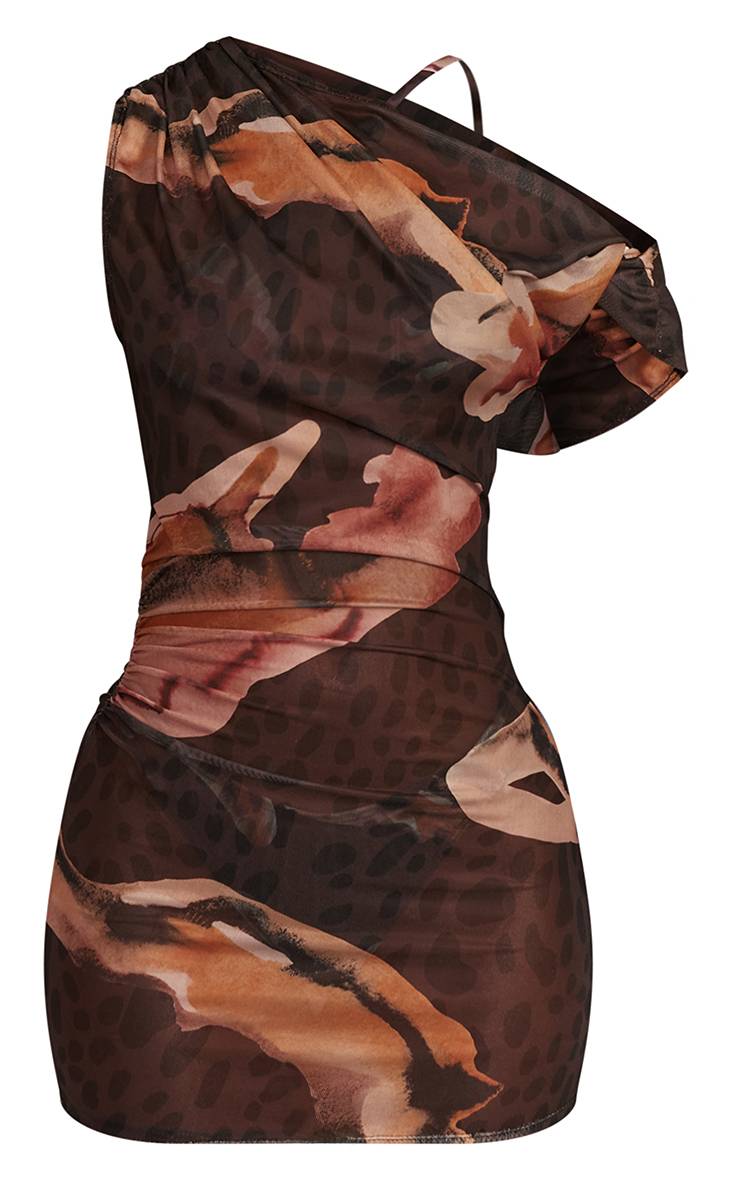 Marron Robe De Plage Mini En Mesh À Imprimé Animal Avec Détail Épaule Torsadée