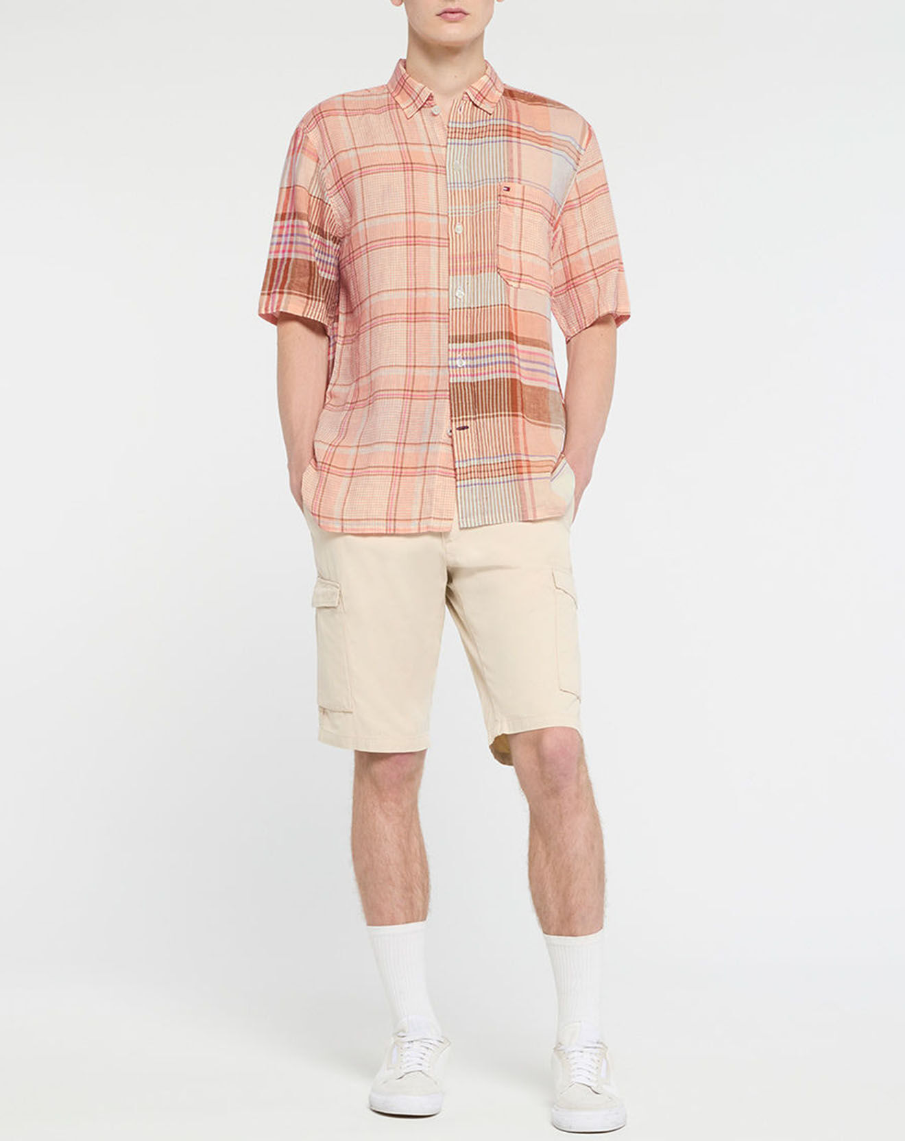 Tommy Hilfiger Chemise ample en Coton & Lin Madras Blocking à carreaux rose
