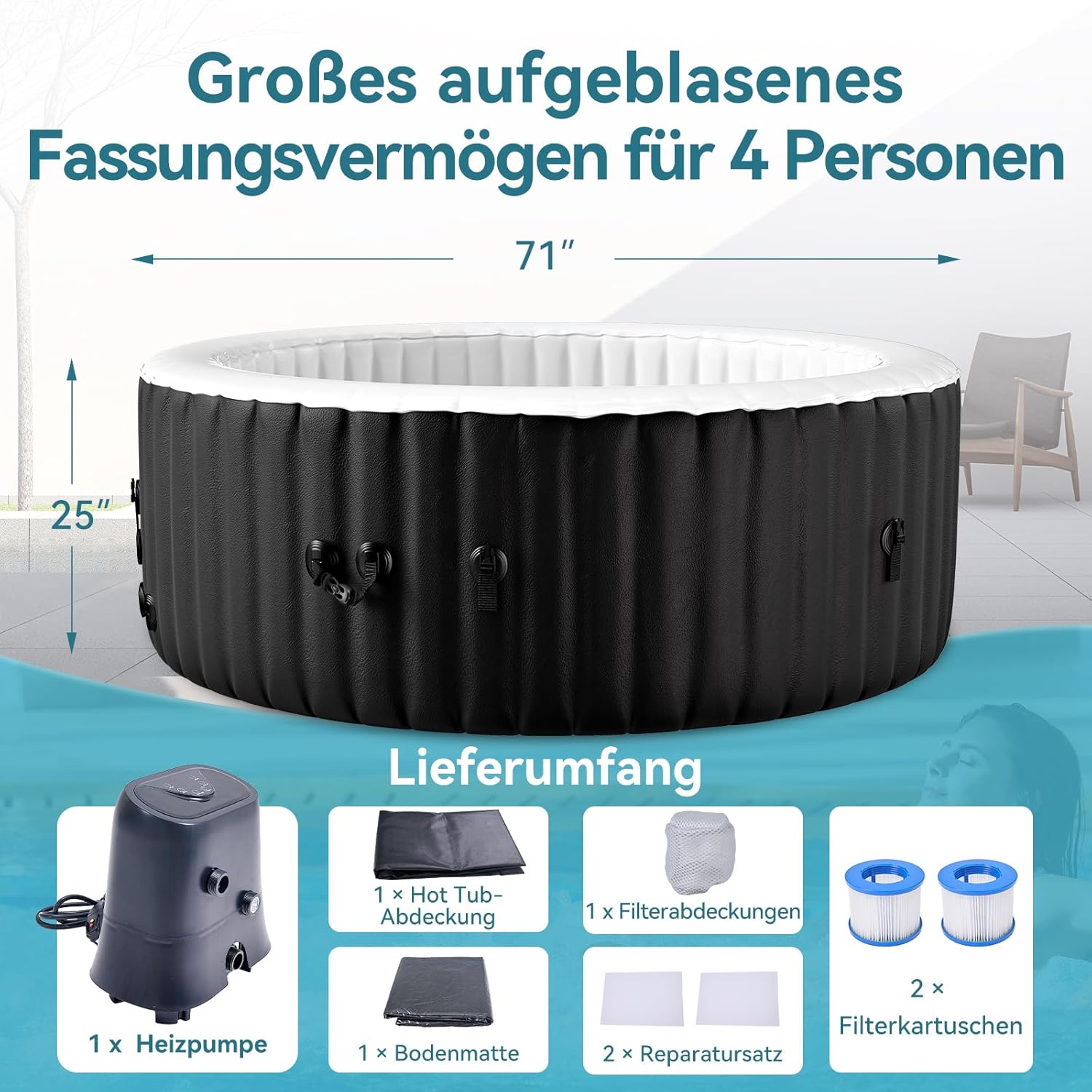 Hot Tub Aufblasbar für 4 Personen, 2400W In/Outdoor SPA Pool Winterfest Mit 120 LuftdüSen, Frostschutz, 799 Liter, Auslaufsichere, Energiesparend, Auto Aufblasen, Bubble Spa & Wellness Massage