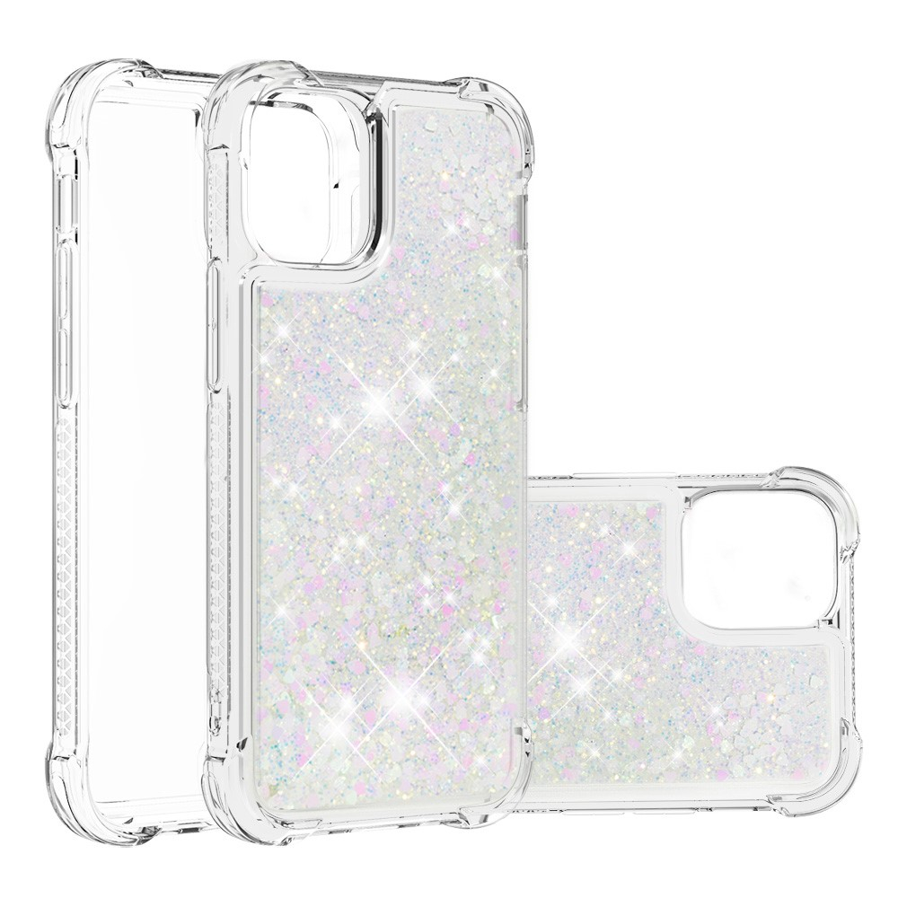 iPhone 13 Hardcase Hülle mit Air Cushion Fallschutz Liquid Case Glitzer Herzen - Silber / Transparent