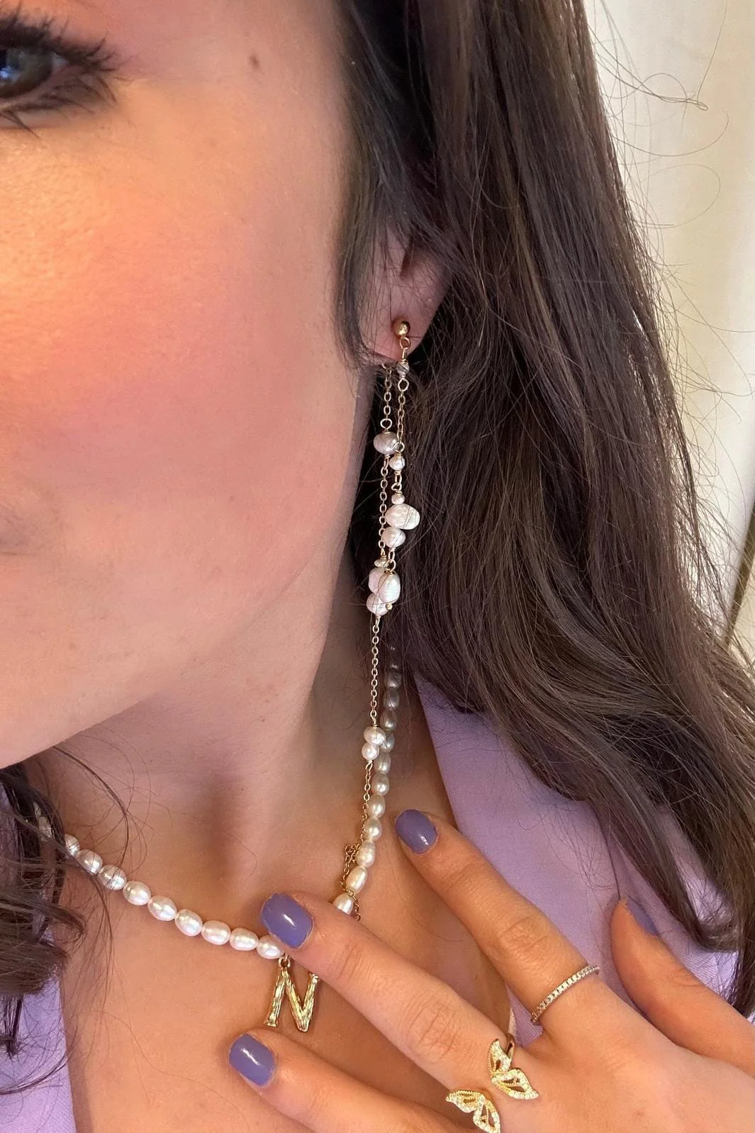 Mellow Moon Double String Pearl Earring Long