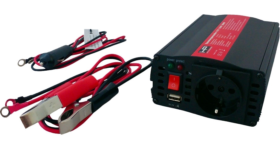 HP Spannungswandler 12 V auf 230 V  mit Batterieklemmen und 12 V - Stecker 300 - 600 W