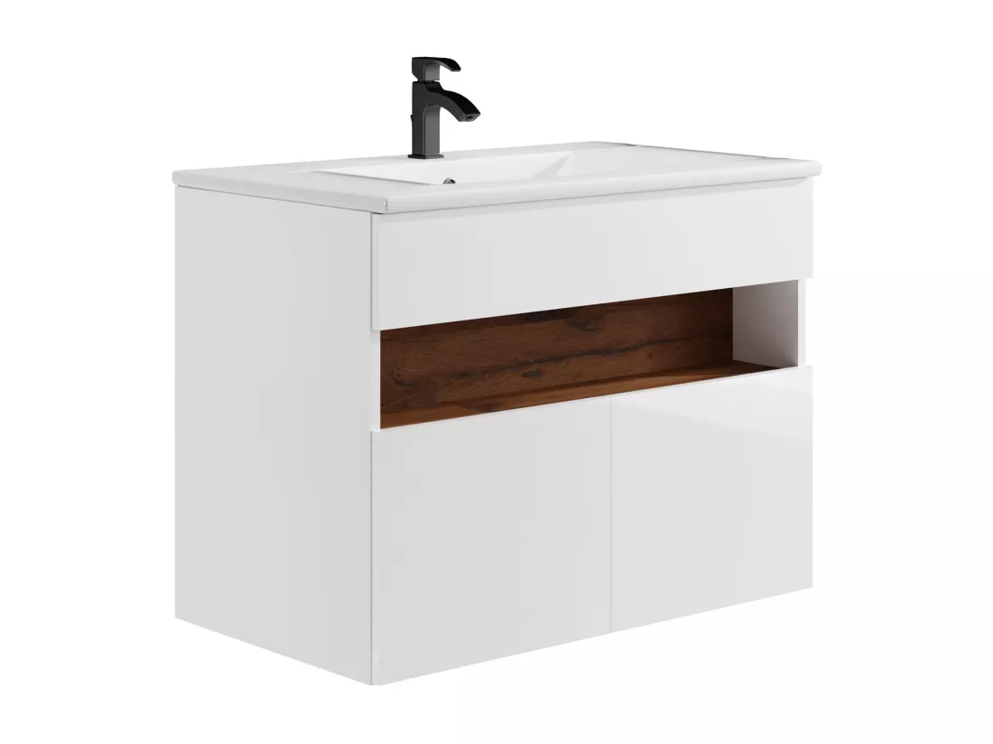 Meuble de salle de bain suspendu à LEDs avec vasque à encastrer - Blanc et naturel foncé - L80 cm - POZEGA