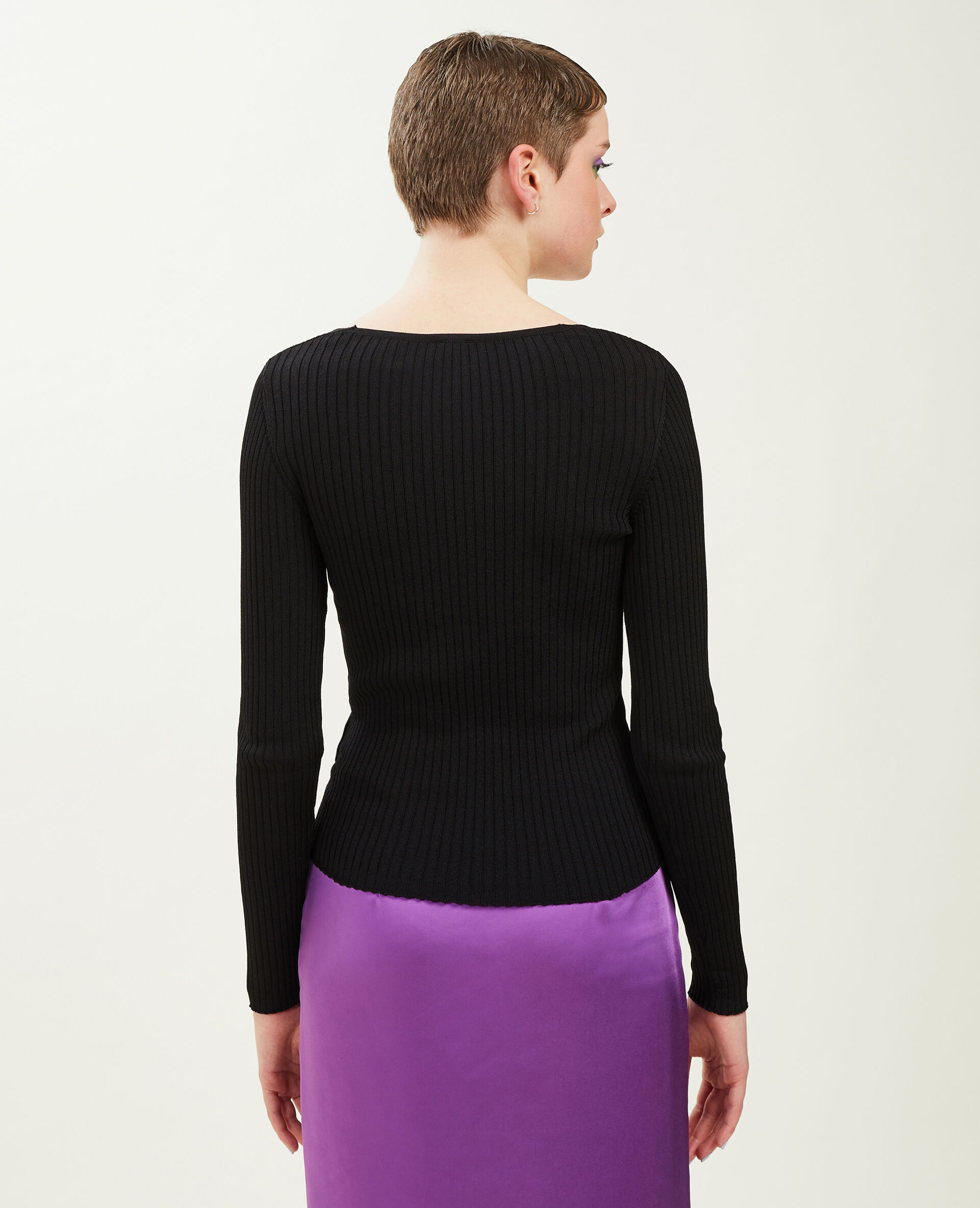 Pull col V maille côtelée - Noir