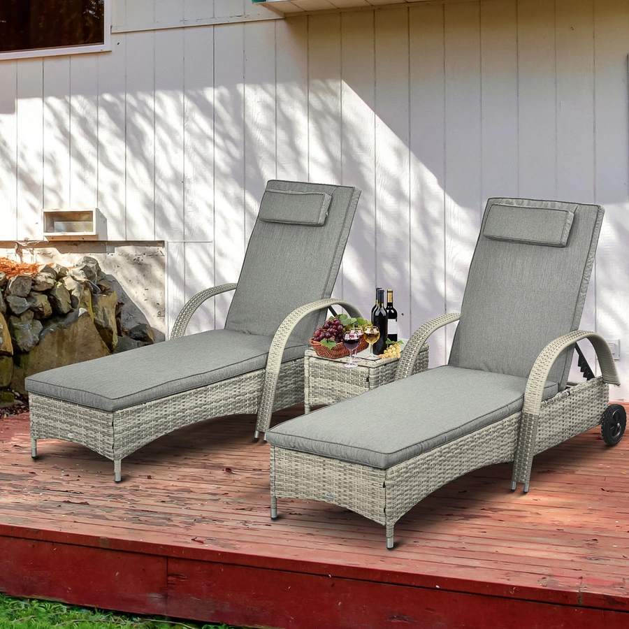 Outsunny Rattan Sonnenliegen mit Tisch grau