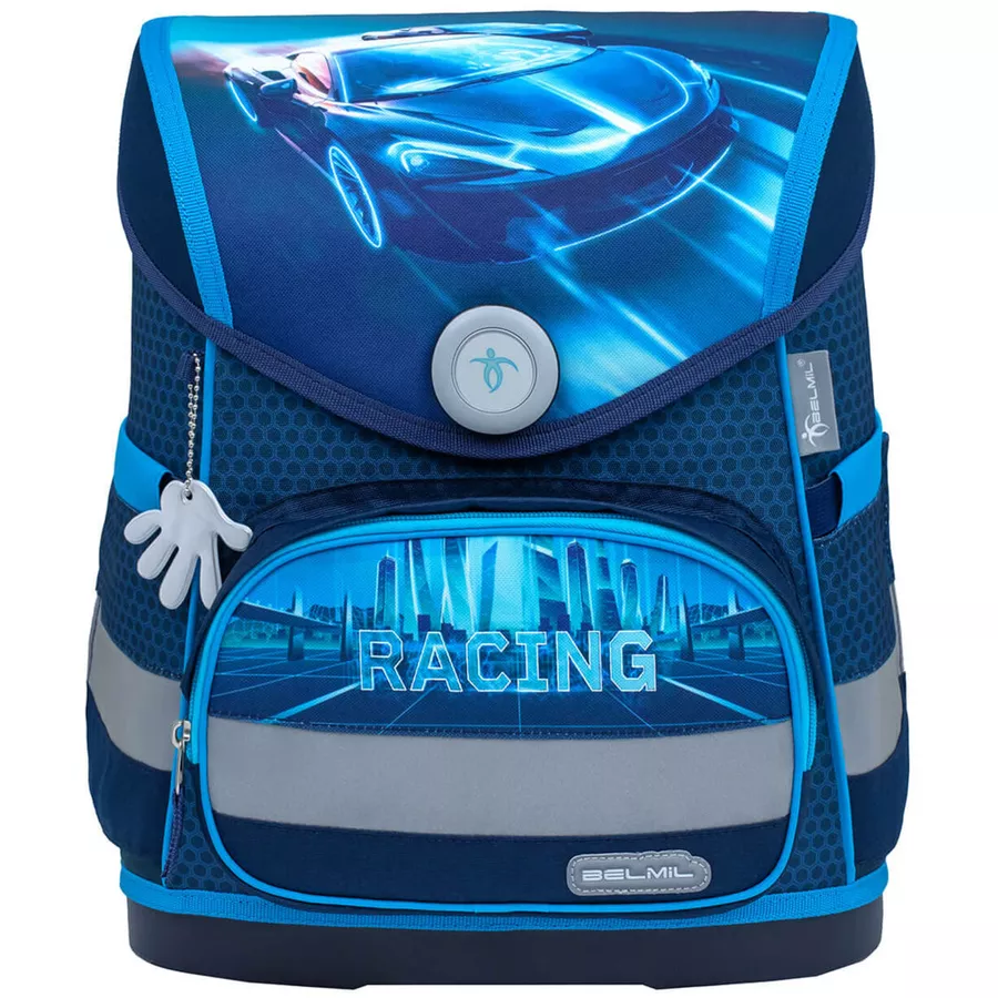Belmil Schulranzen Compact Schulranzen Set 4-teilig mit Brustgurt Racing Blue Neon
