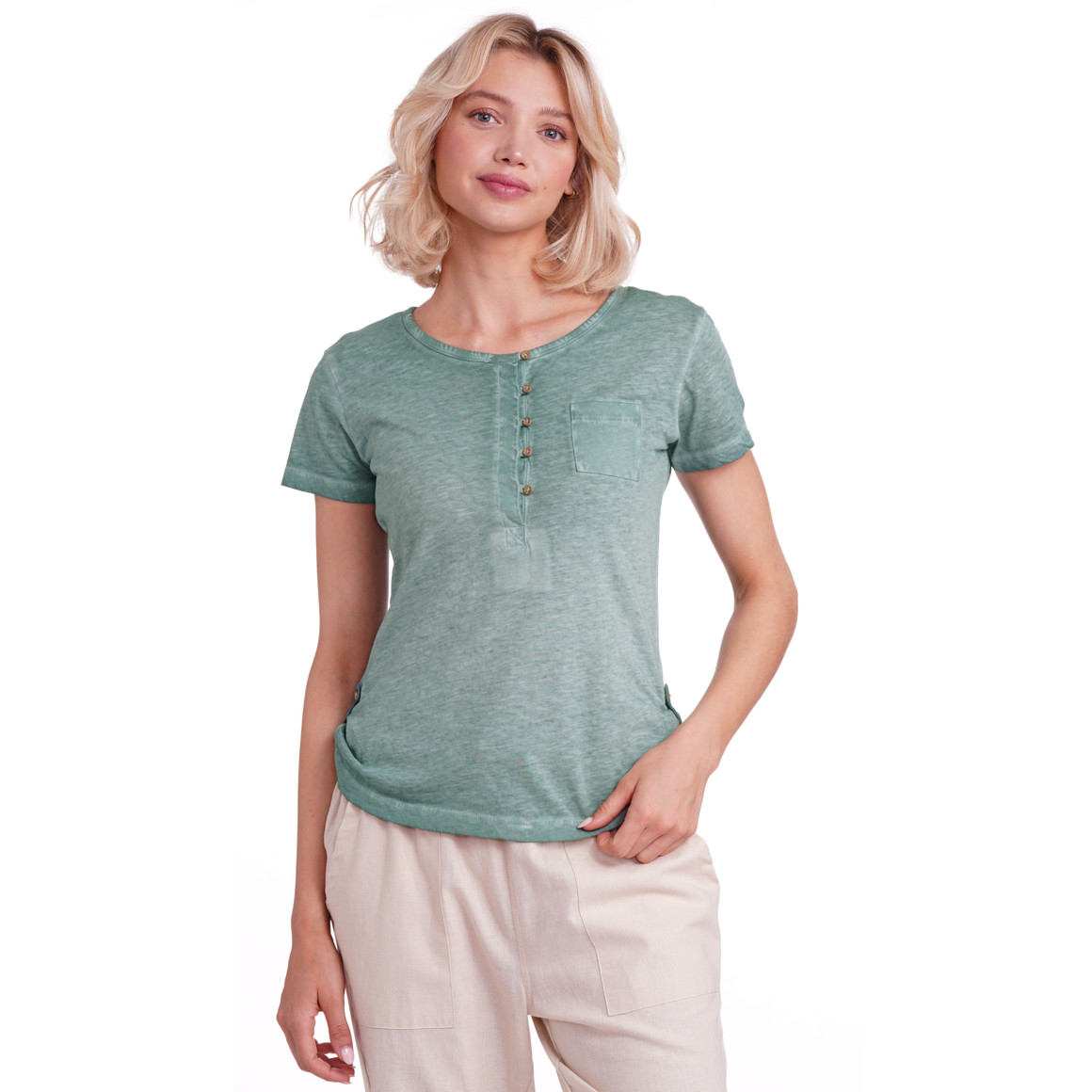 Gina Damen T-Shirt mit Knopfleiste dunkelgrün