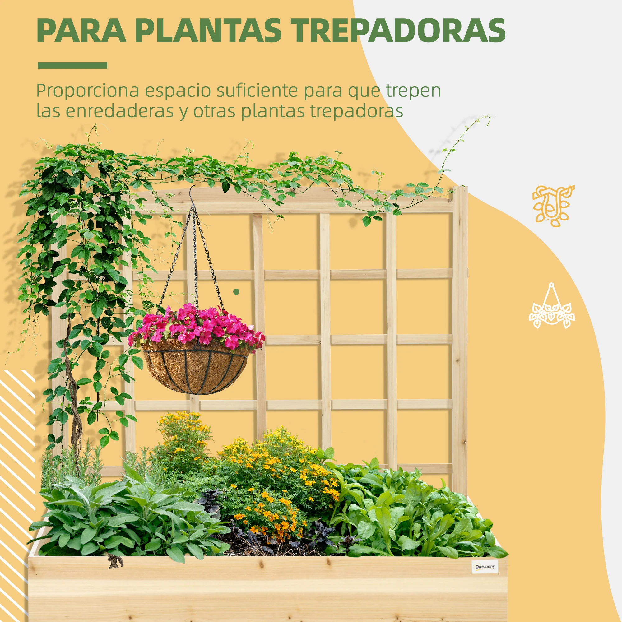 Jardineira de madeira com treliça Outsunny, canteiro de jardim com treliça, jardineira em forma de caixa para plantas trepadeiras, vegetais e flores, 110x116x120 cm, cor natural.