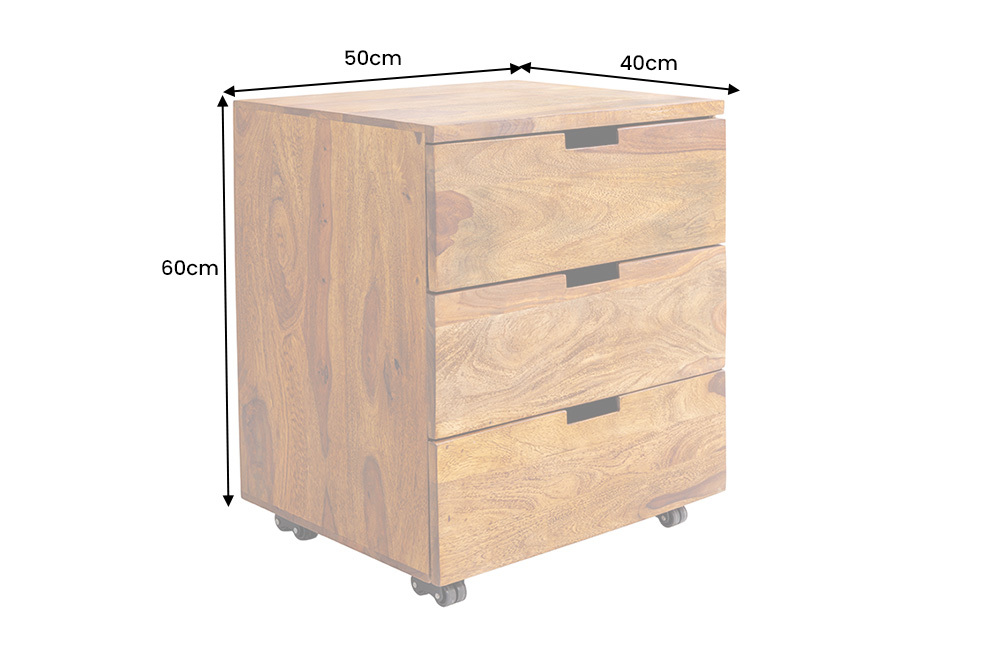 Massiver Rollcontainer MAKASSAR 60cm braun stone finish Sheesham mit Schubladen