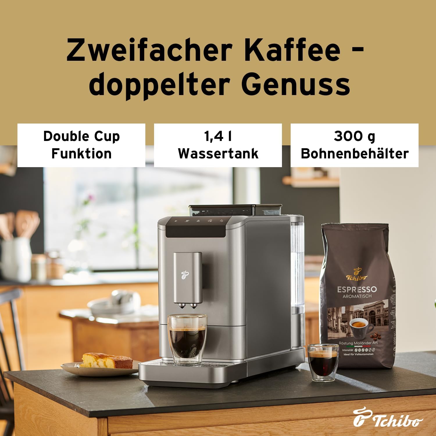 Tchibo Kaffeevollautomat Esperto2 Caffè mit 2-Tassen-Funktion für Caffè Crema und Espresso, Titanium Silver - INKLUSIVE Kaffeeprobierset GRATIS