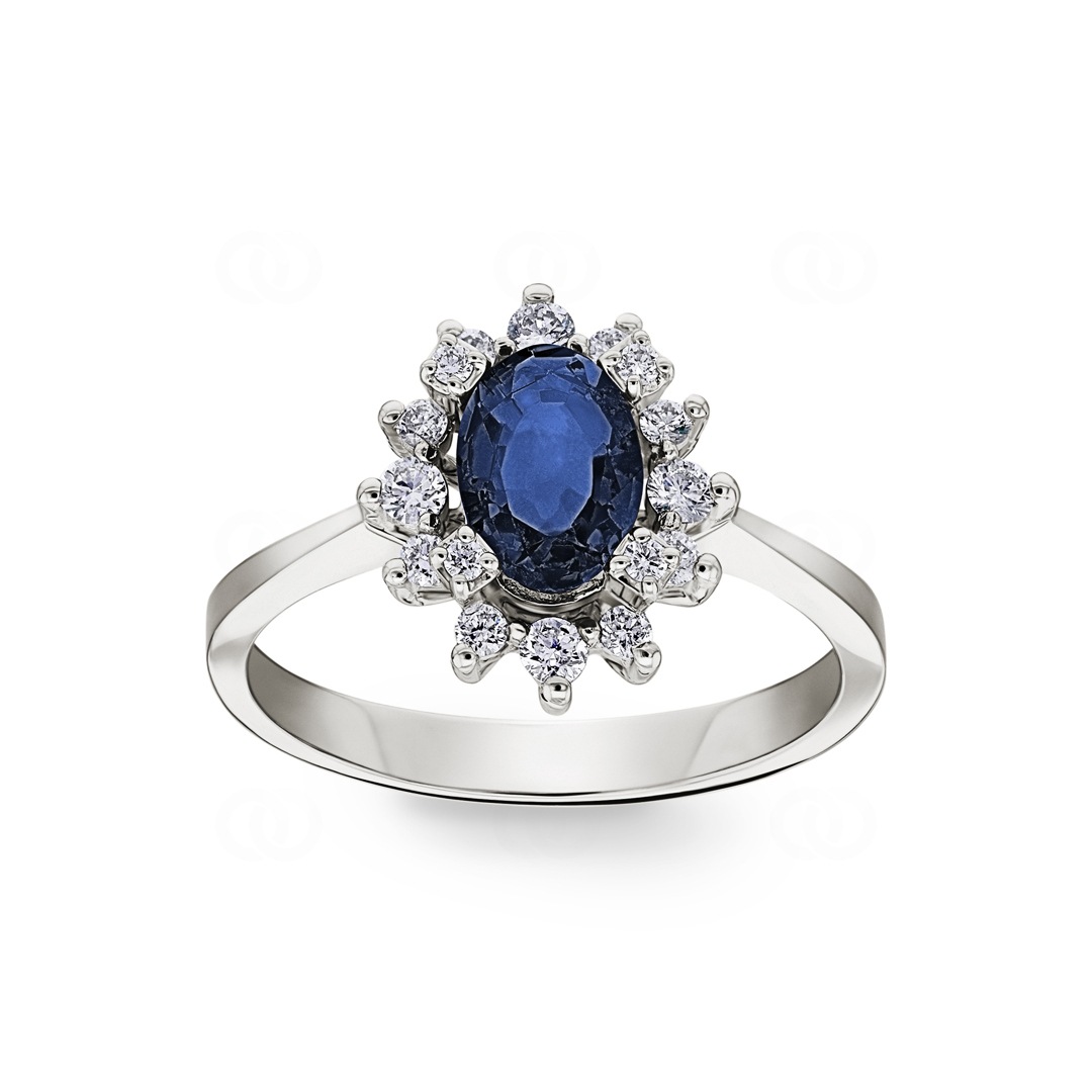 Damenring 750/18 K Weissgold mit Diamanten 0.22 ct H/si & Saphir 1.00 ct