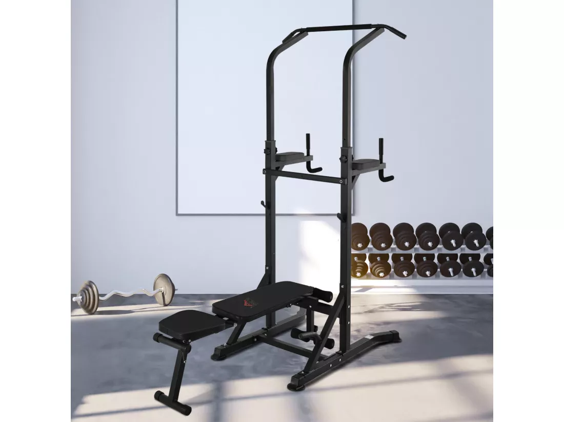 Station de musculation Fitness entrainement complet - barre de traction, à dips, banc de musculation pliable, poignées push-up - acier noir