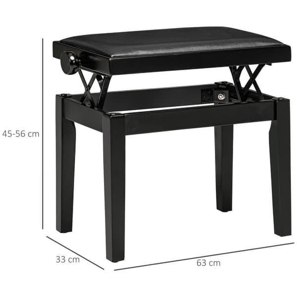 Pianokrakk, Høydejusterbar Pianobenk Med Skinnpute, Pianobenk, Kunstskinn, Gummitre, Svart, 63 X 33 X 45-56 Cm
