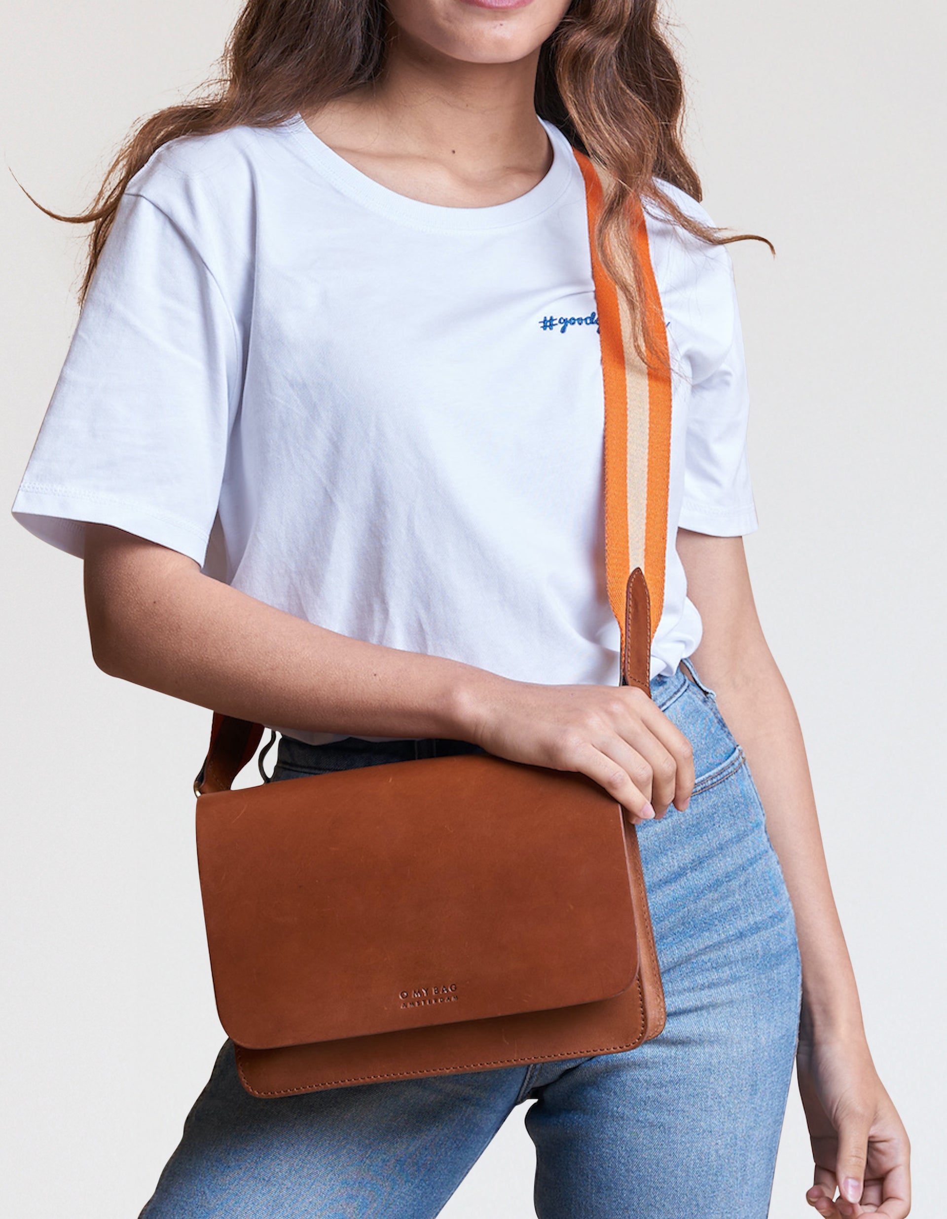 Striped Webbing Strap - Orange & Cognac Classic Leather