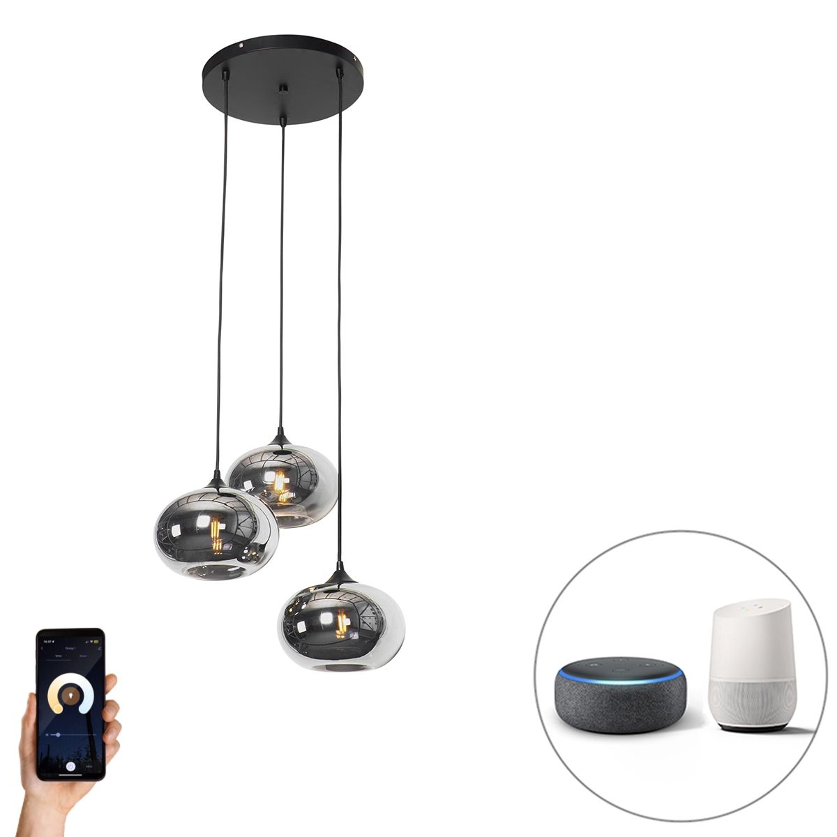 Smart hanglamp zwart met smoke glas incl. 3 Wifi P45 - Busa