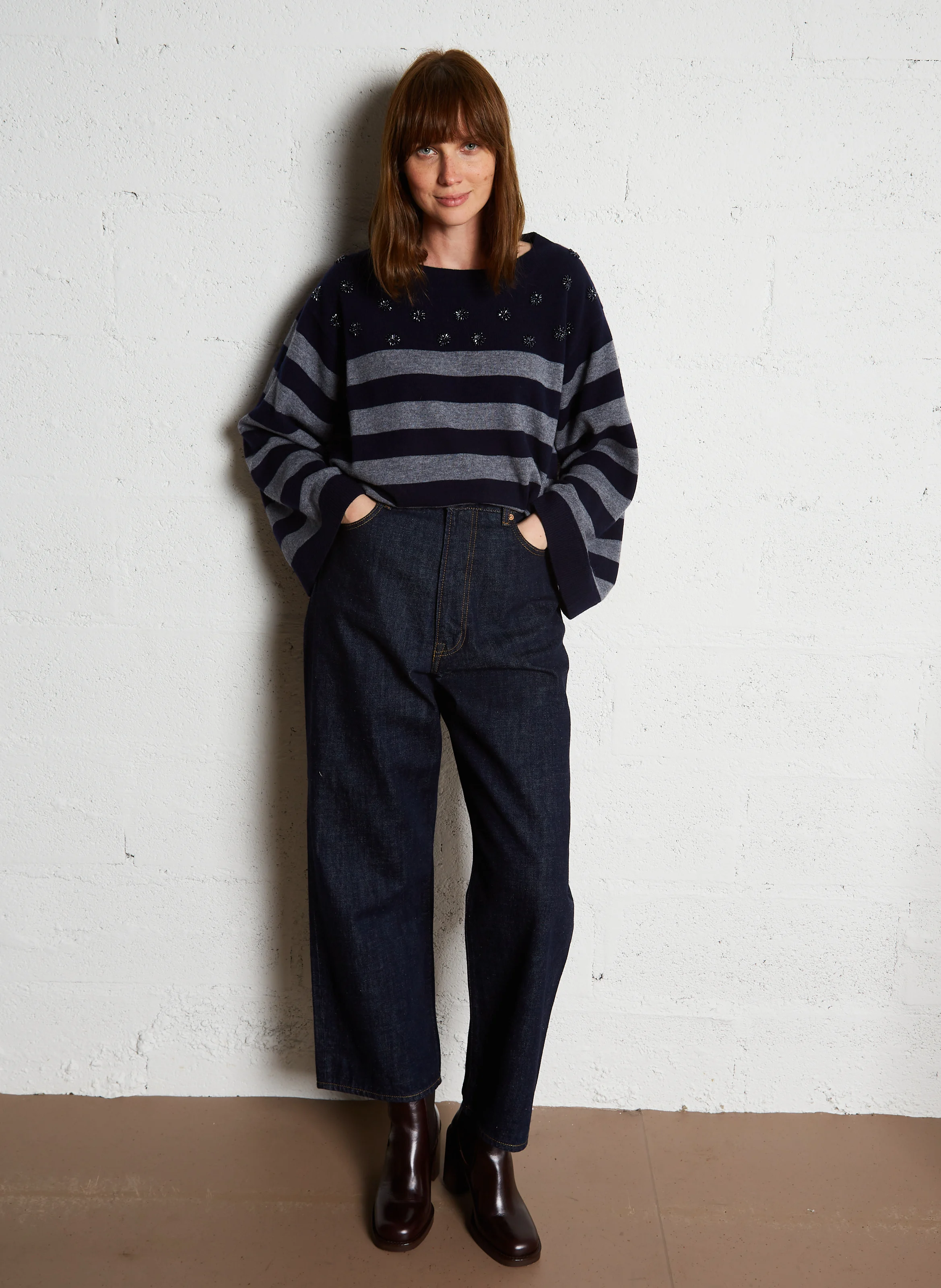 LILOU - Pull col bateau ample en laine | Bleu
