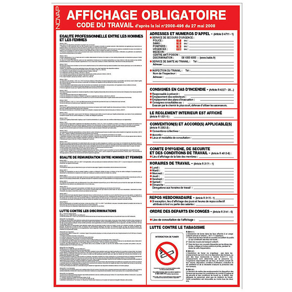 Panneau affichage obligatoire du Code du travail 40 x 60 cm polystyrène choc