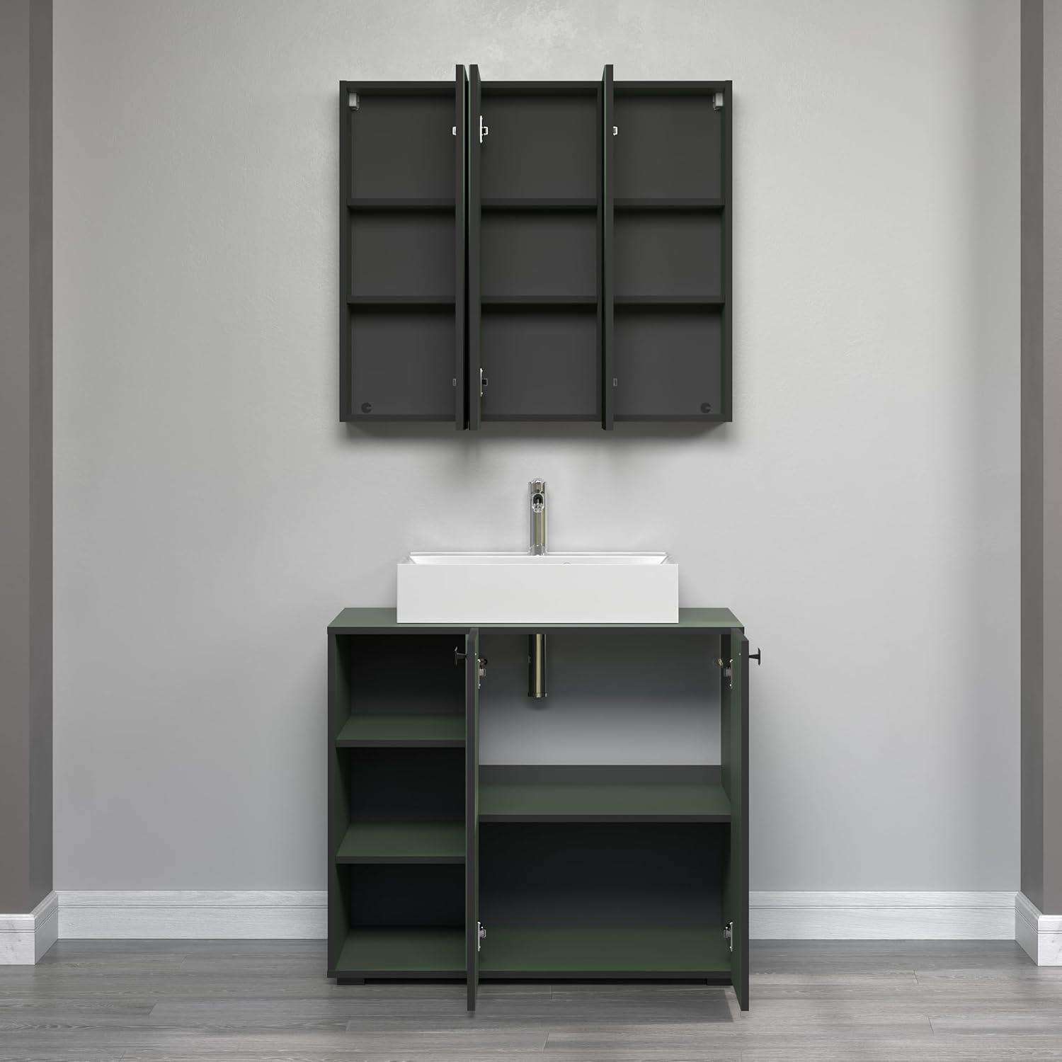 trendteam smart living - PureBliss - Waschbeckenunterschrank - Grün - Rillenoptik - 3 offene Fächer + 1 Einlegeboden + 80cm Aufsatzwaschbecken - (BxHxT) 90 x 91 x 53cm - edle Metallgriffe