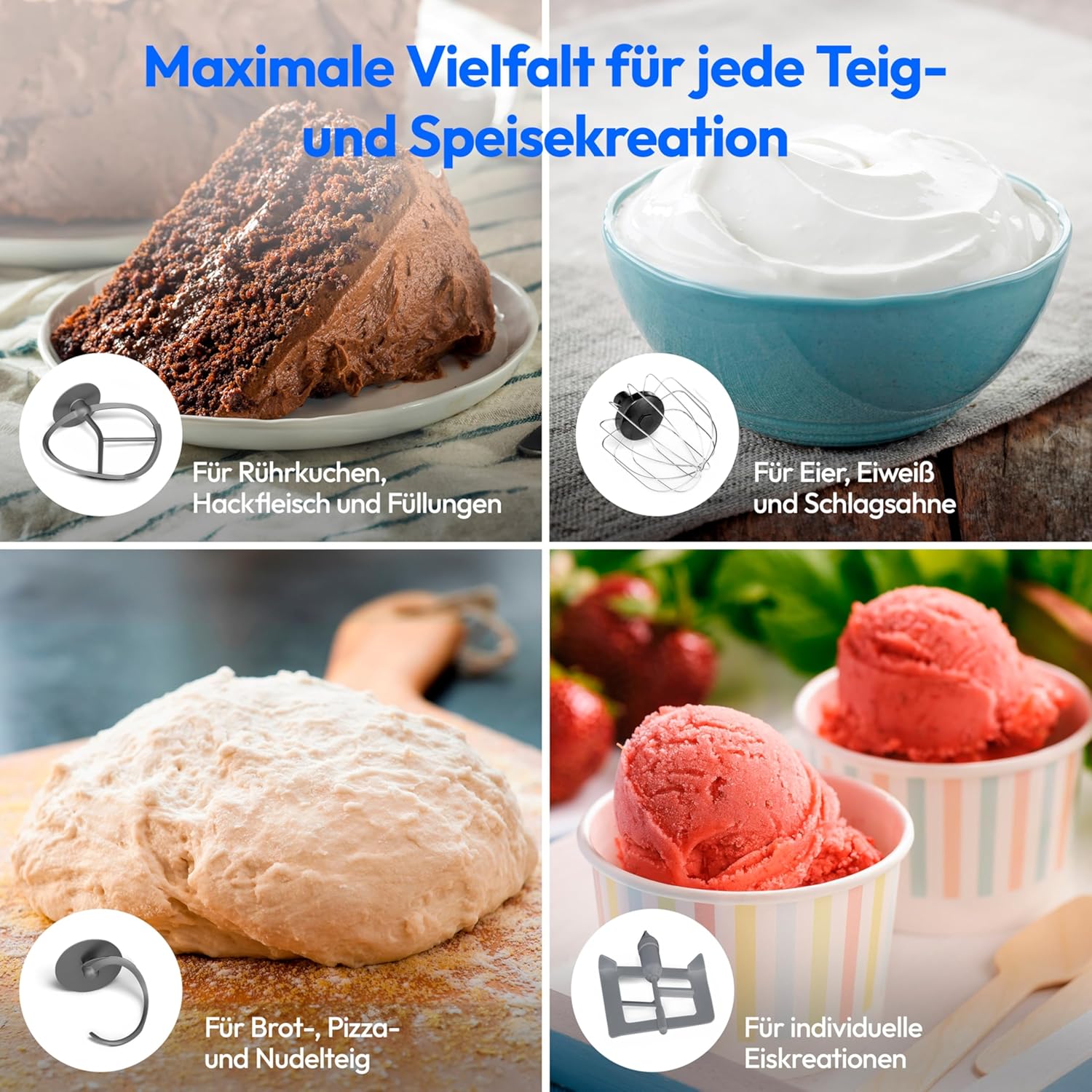MEDION Küchenmaschine (Mixer, Fleischwolf, Eisschüssel für Zubereitung von Eis, 4 in 1, 1.200 Watt, Reiben Raspeln Schneiden, Digitales Touch Display, Knetmaschine, Teigmaschine, MD18440) Titan