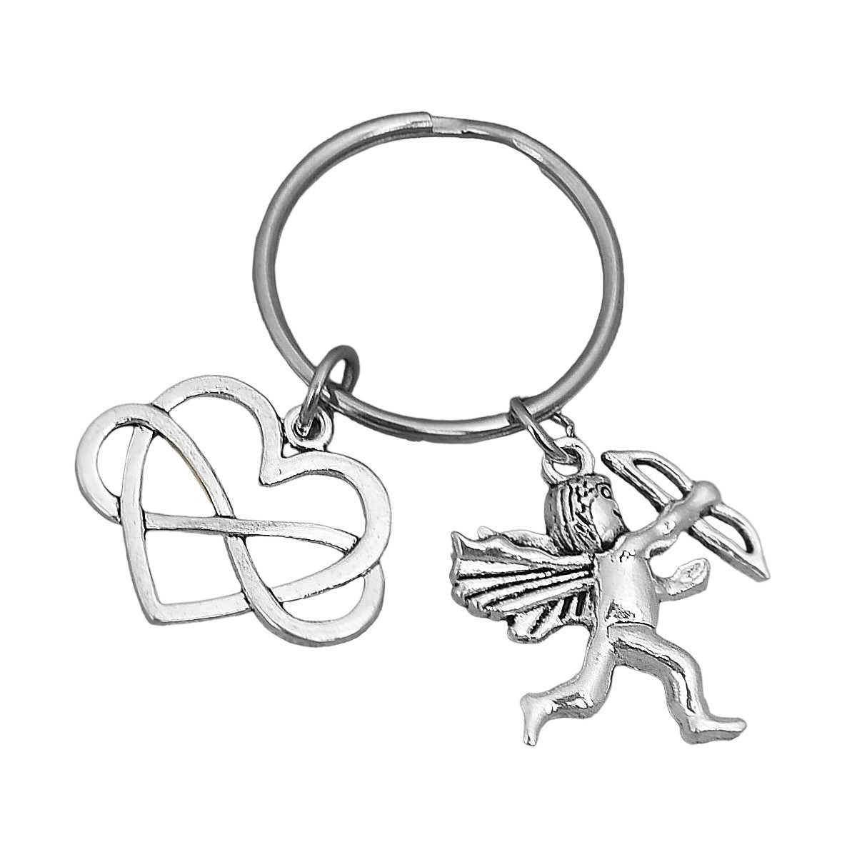 Porte-clés cupidon ange avec des ailes et sa flèche d'amour coeur à l'infini argenté