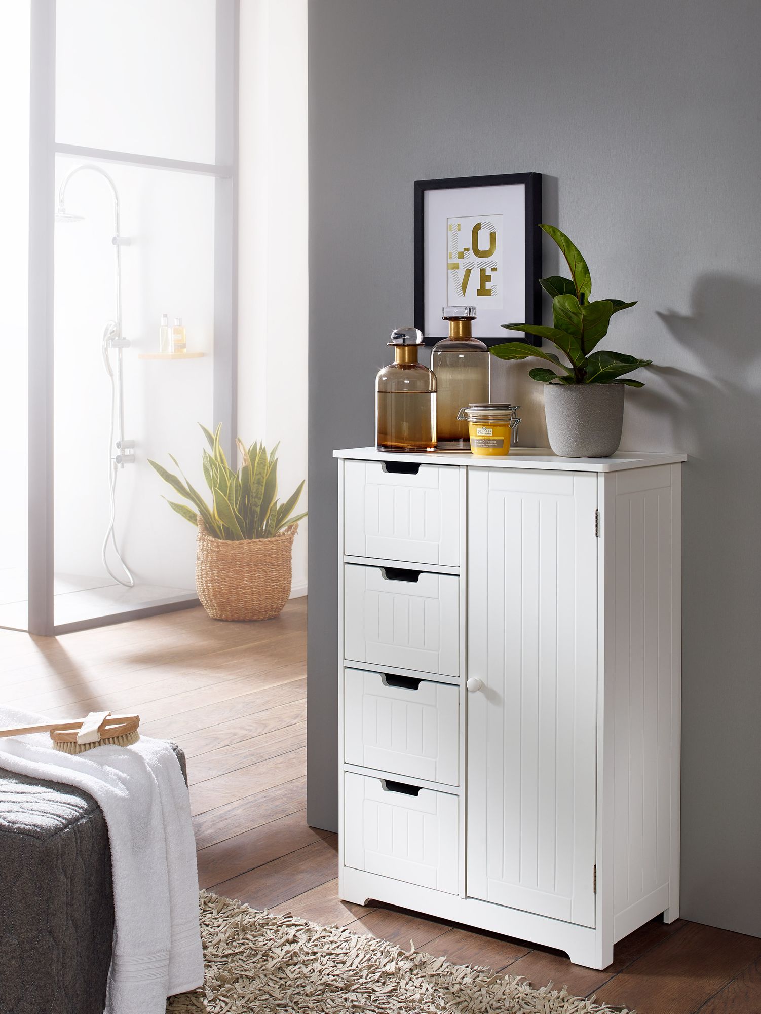 KADIMA DESIGN Badschrank im Landhausstil mit 4 Schubladen und Stauraum, MDF, weiß matt lackiert