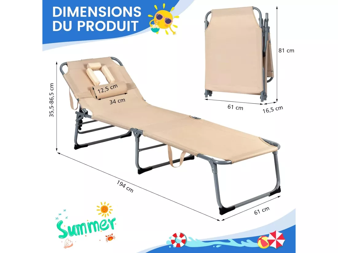 Chaise Longue Pliante Réglable à 5 Positions avec Appuie-tête Cavité Faciale, Bain de Soleil en Tissu et velours Oxford Charge 150KG, pour Piscine Plage Cour CamBoisg, Beige