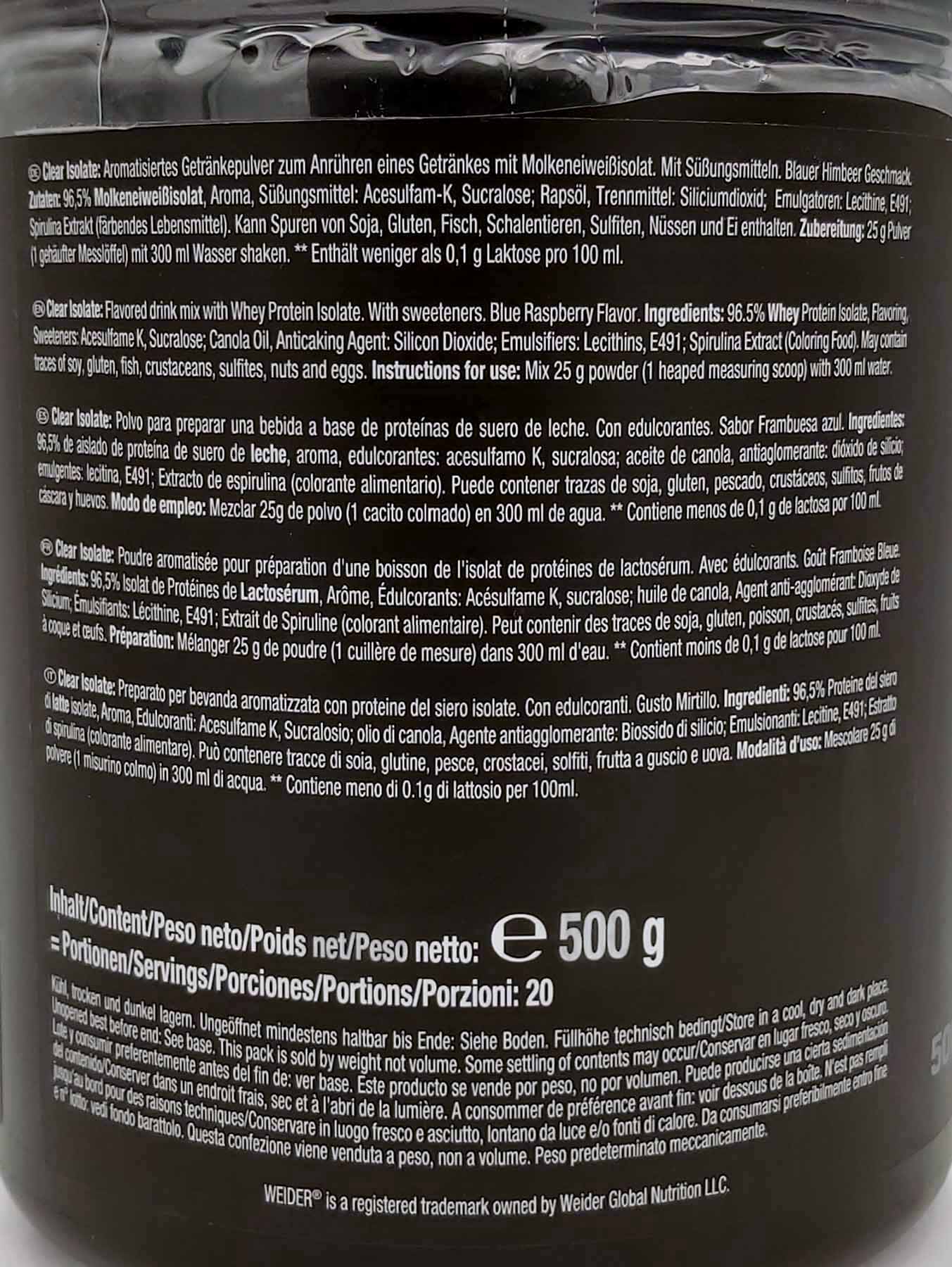 Weider Clear Isolate 500g Blue Raspberry Geschmack MHD:20.9.25