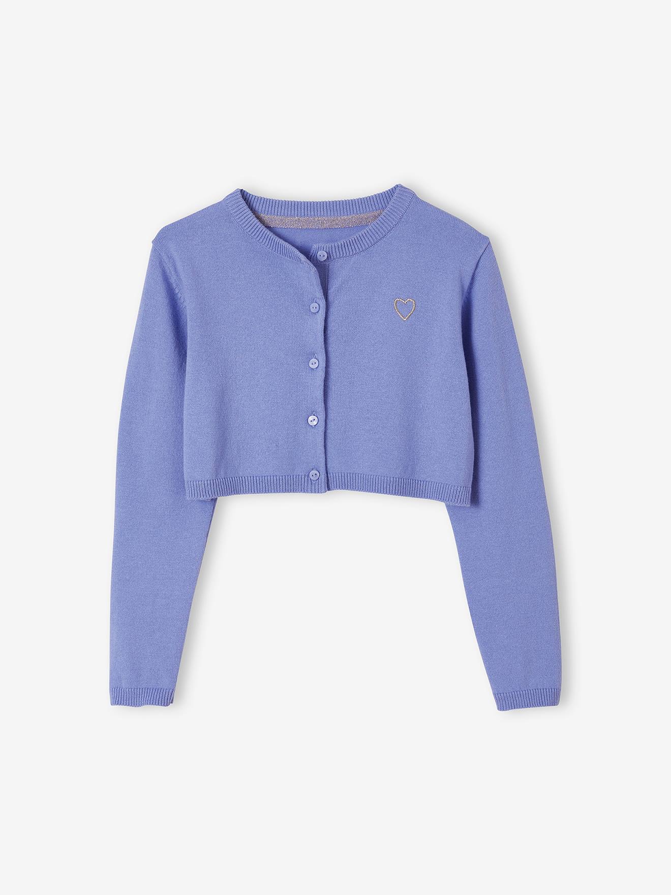 Casaco bolero de malha para meninas, tamanho médio, cor roxa lisa.