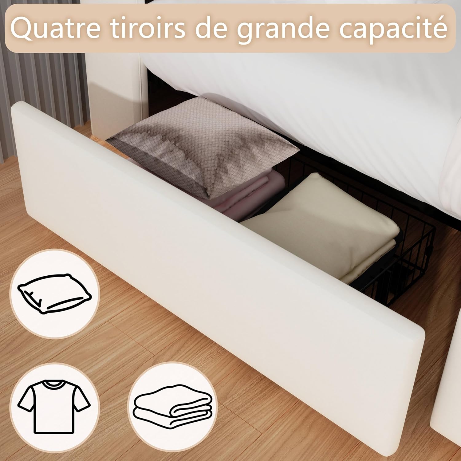 Bett 160x200cm, Samt Polsterbett mit Stauraum, Bluetooth-Lautsprecher, LED-Beleuchtung & USB/Type-C-Anschlüssen, Plattformbettgestell mit 4 Schubladen und Holzlatten, Beige