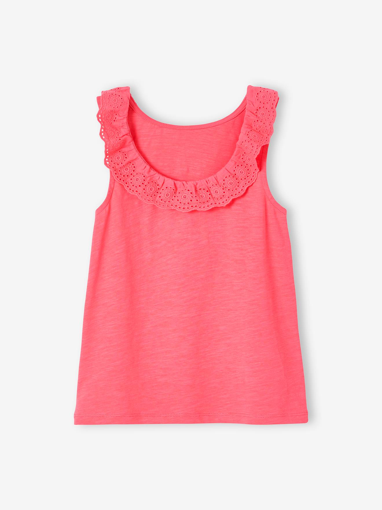 Camiseta sem mangas com gola de babados bordada em estilo inglês, para meninas, lisa, tamanho médio, branca.