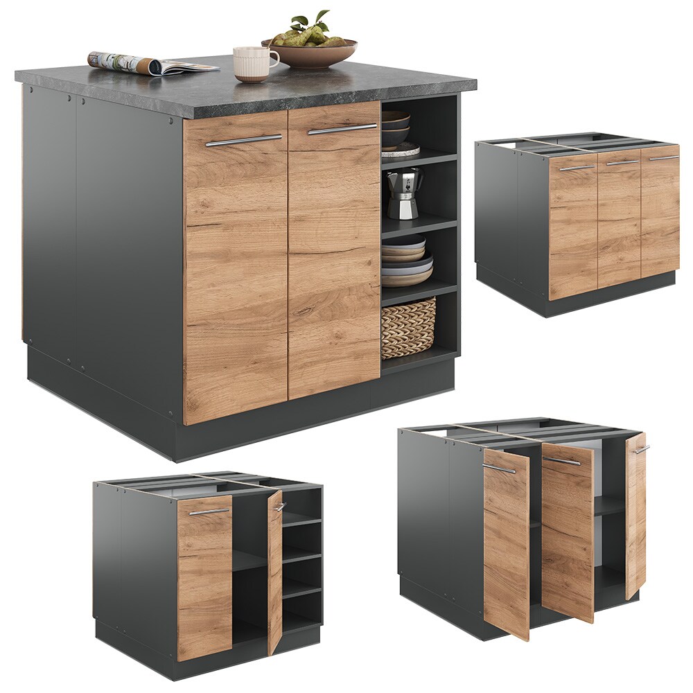 Vicco Kücheninsel Küchenblock Einbauküche Fame-Line Anthrazit Eiche Goldkraft 90 cm modern Hochglanz Küchen Schränke Regalunterschrank Küchenunterschrank Regalinselunterschrank Softclose-Scharnier Küchenmöbel