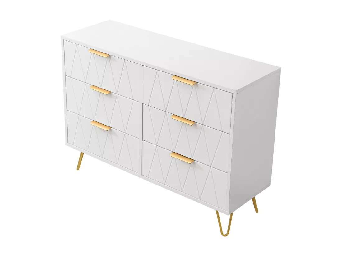 Buffet bas avec 6 Tiroirs - Commode - Bois MDF et métal doré - 100 x 34 x 73cm - Blanc