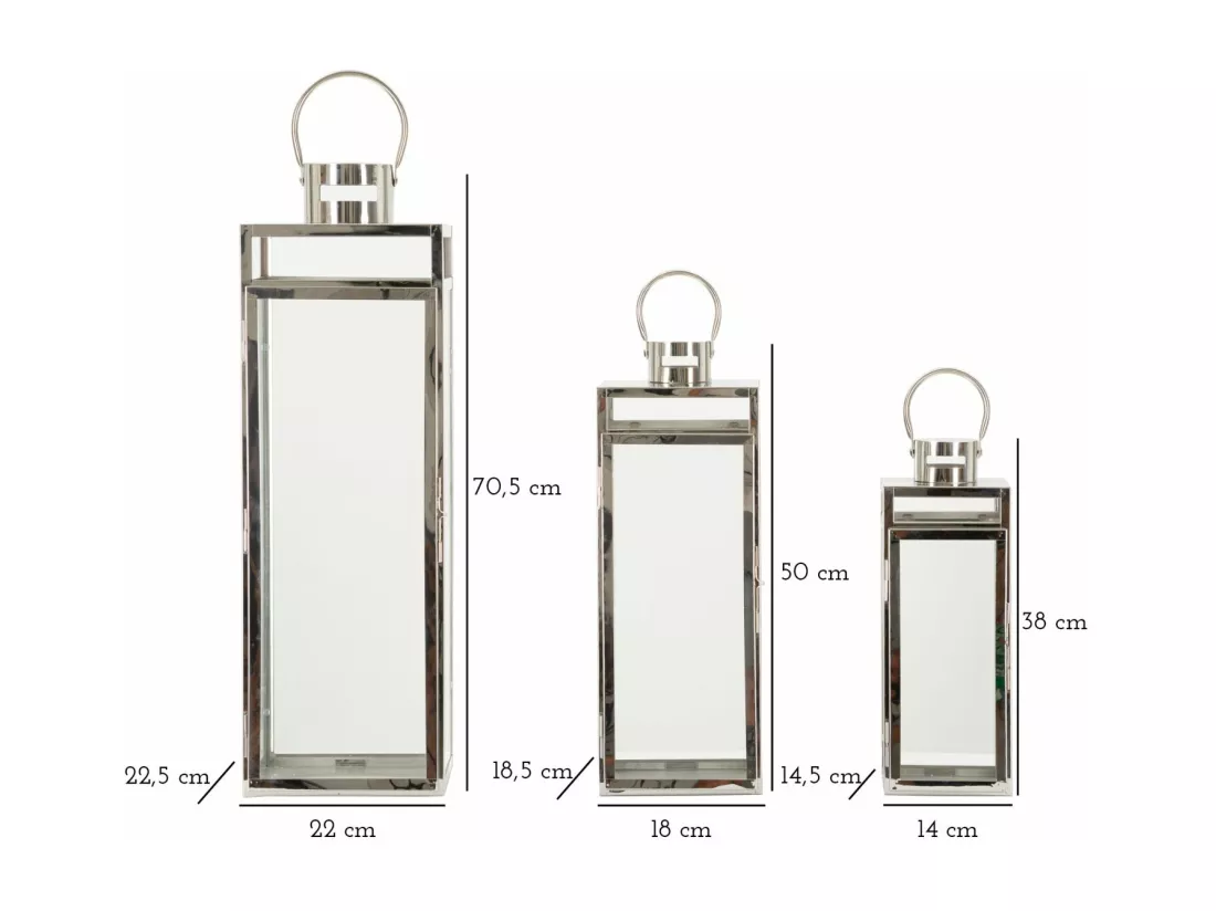 Set de 3 lanternes argentées en métal et verre - 22x22,5x70,5 cm, 18x18,5x50 cm, 14x14,5x38 cm - pour illuminer votre espace avec une lumière magique.