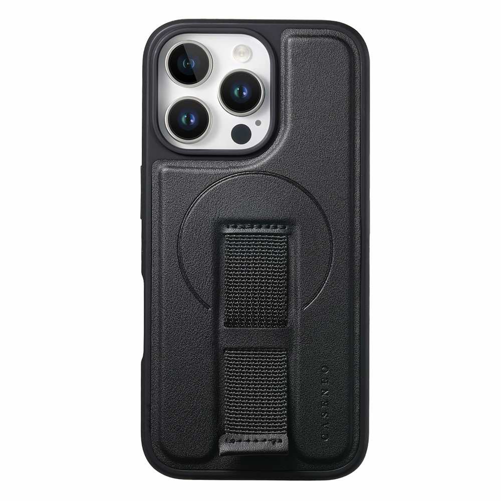 iPhone 16 Pro MagSafe Hybrid Hardcase Hülle mit Leder Rückseite   Finger Griff Halterung - Schwarz