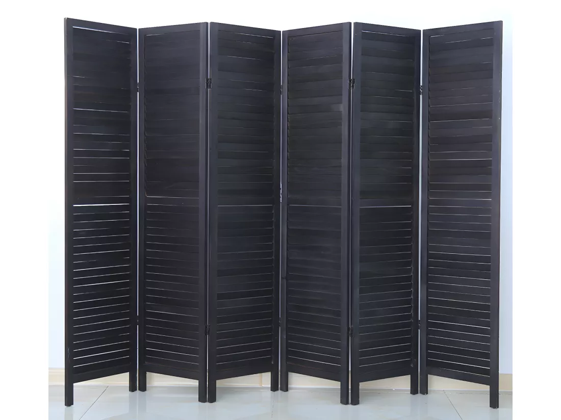 Paravent persienne de 6 pans en bois, coloris noir - Dim : H170 x L240cm