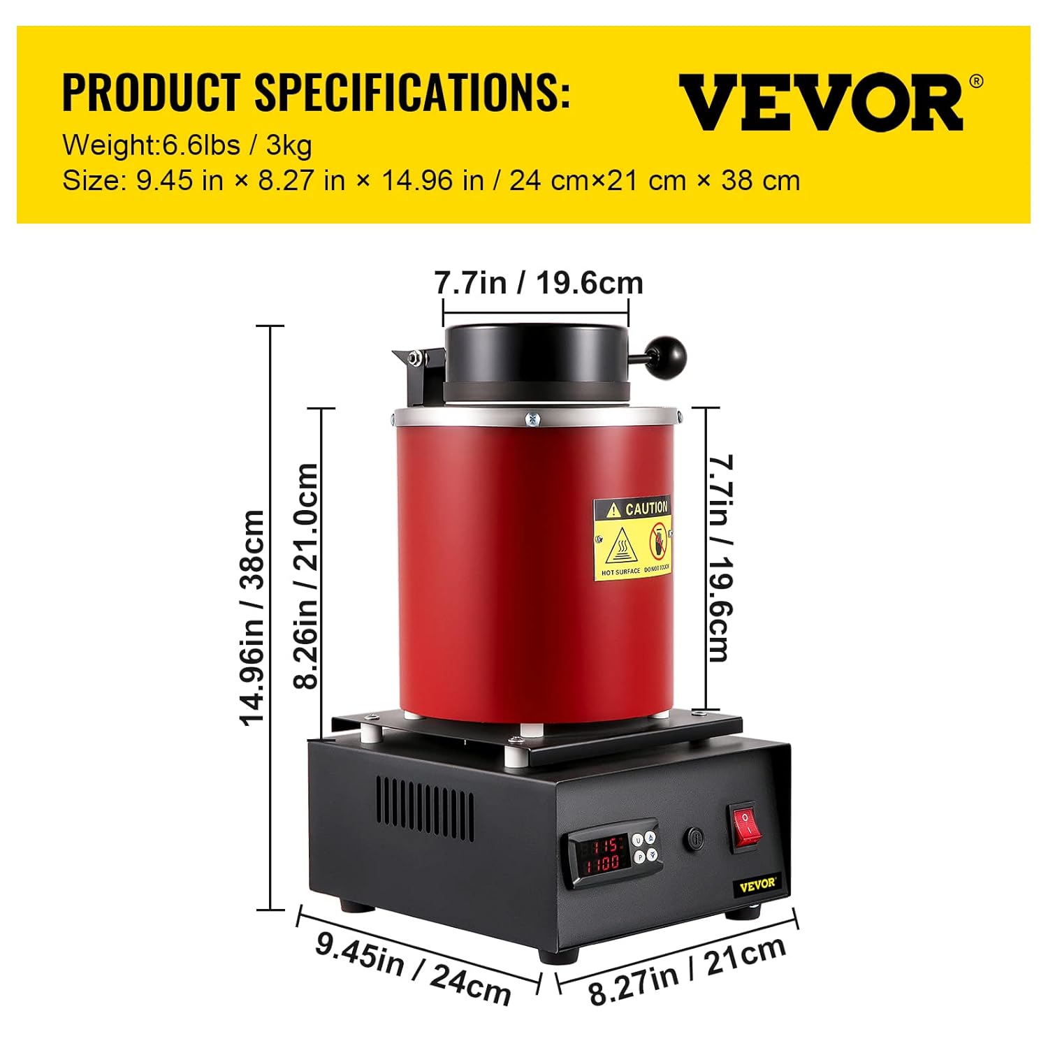 VEVOR Goldschmelzofen 1350 W 1150 ℃ Max. Temperatur, digitaler elektrischer Schmelzofen 3 kg Keramiktiegel mit Barrenmatrize & Handschuhen, zur Verarbeitung von Gold Silber Kupfer Aluminium rot