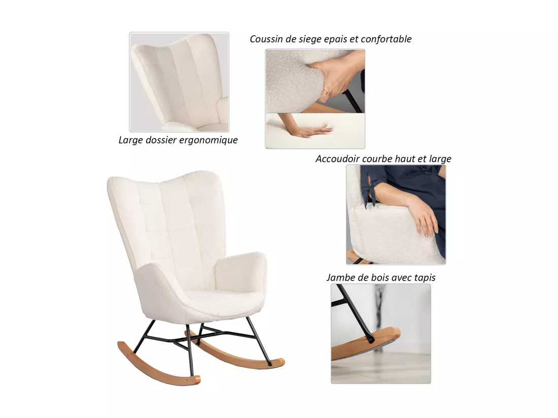 MEUBLES COSY Fauteuil à Bascule Allaitement Scandinave Chaise Loisir et Repos en Bouclette avec Pieds en E' Bois Métal pour Salon, Chambre, Massif, Beige, 66x84x97cm