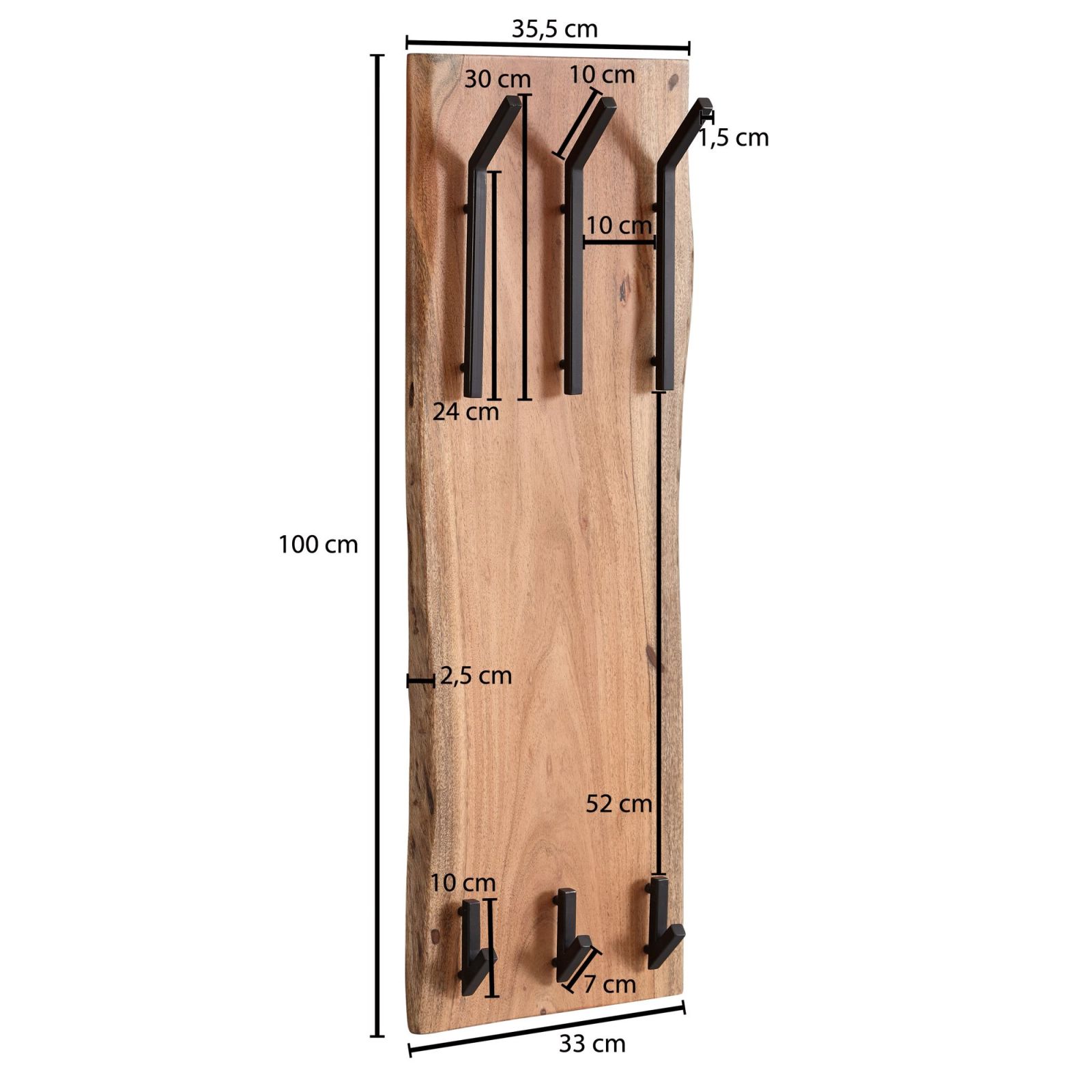 Wandgarderobe - Akazie massiv - hellbraun - 6 Haken - 35,5cm