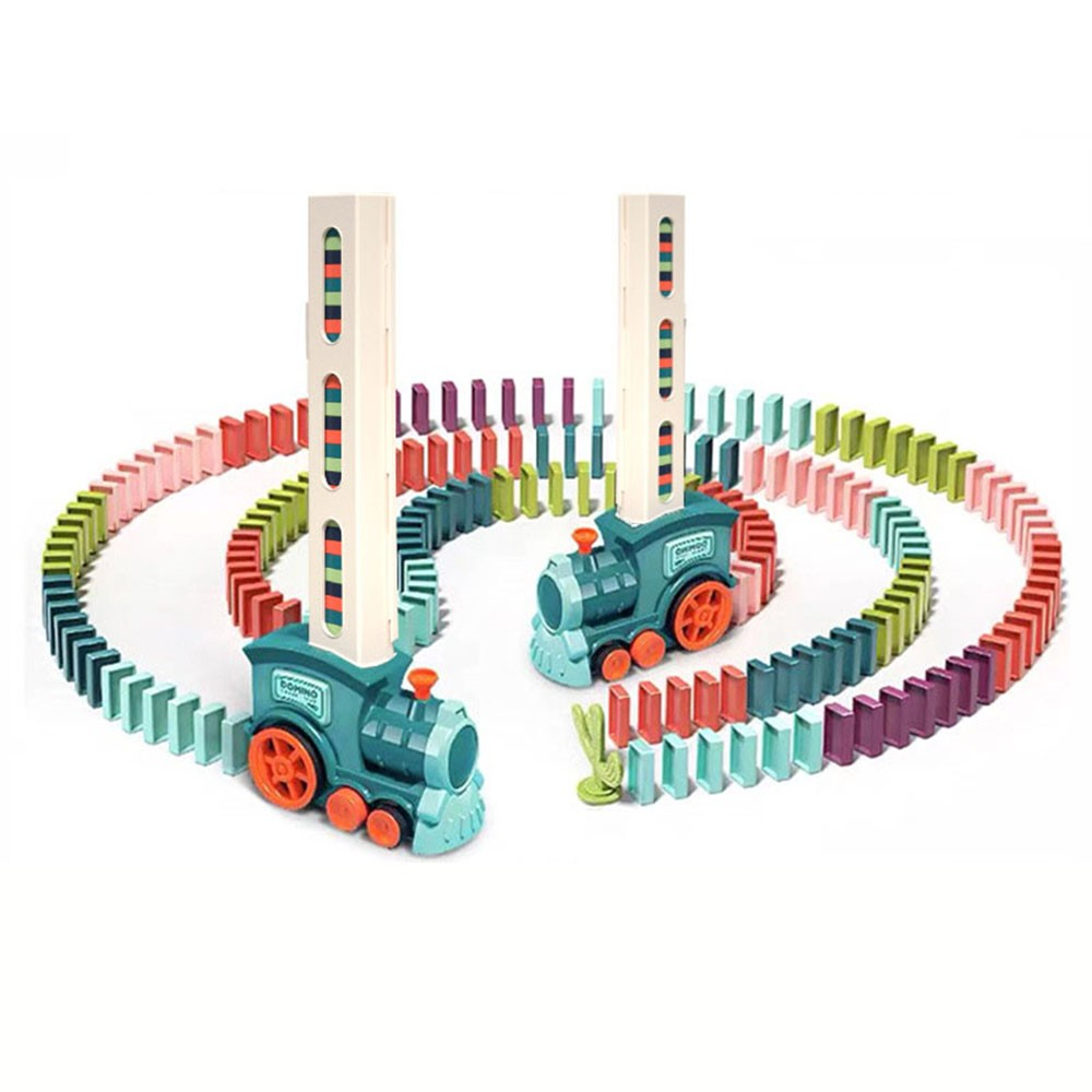 (93-tlg. Set) Domino Zug Kinder Spielzeug Dominostein Aufsteller Eisenbahn mit LED Licht (Batteriebetrieben) - Blau